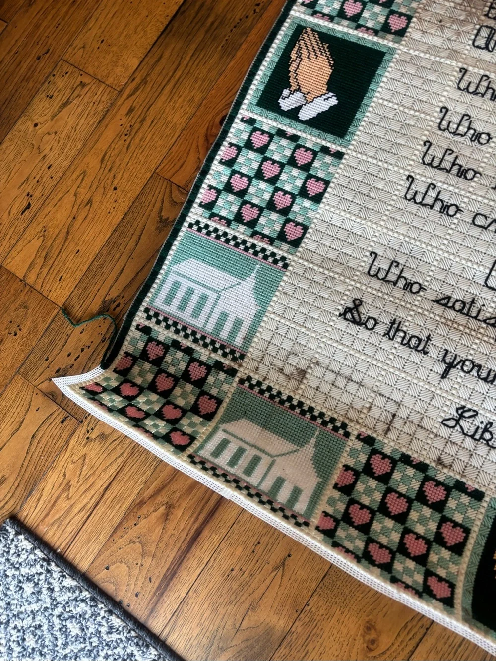 Handmade Green and White Religious Wall Hanging with Scripted Blessing As Is